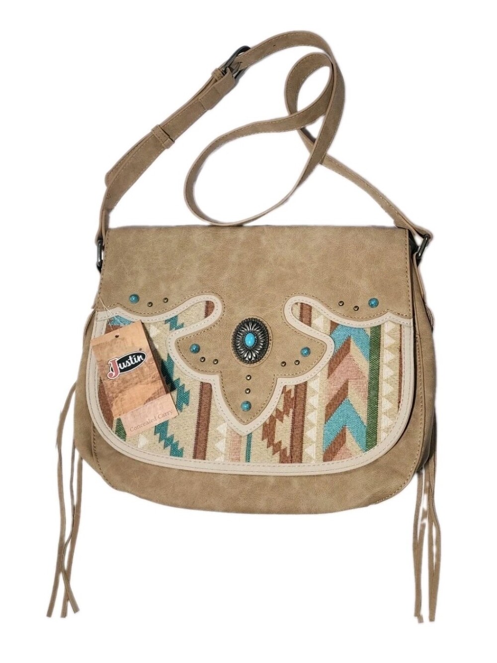 NWT Justin Conceal Carry Purse Bag Western Shoulder Tan Faux Suede Fringed New